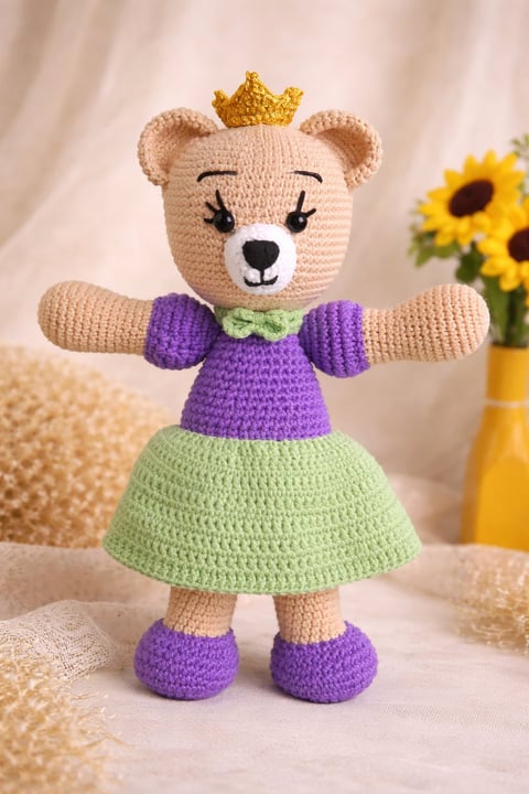 Crocheted teddy bear wearing gold crown, purple top, green skirt, and purple boots, displayed with sunflowers