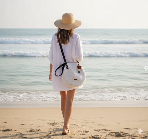 Woman in white dress and straw hat walking on beach carrying woven shoulder bag, ocean waves in background