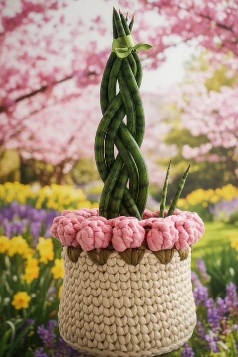 Twisted green succulent plant in cream crocheted pot with pink flower rim, set in vibrant spring garden